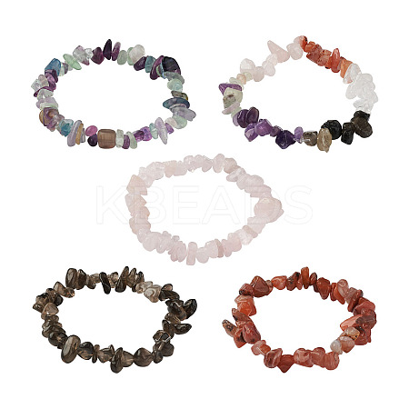 5Pcs 5 Style Natural Mixed Stone Chip Beads Stretch Bracelets for Women BJEW-FW0001-03-1