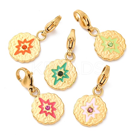 Flat Round with Star 304 Stainless Steel Rhinestone & Enamel Pendant Decorations STAS-I331-08G-1