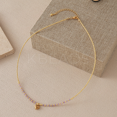 Stainless Steel Heart Pendant Faceted Round Natural Amethyst with Miyuki Beaded Necklaces UF0843-9-1