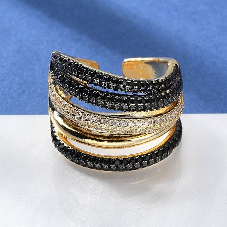 Rack Plating Brass Multi Line Open Cuff Ring RJEW-C065-01G-1