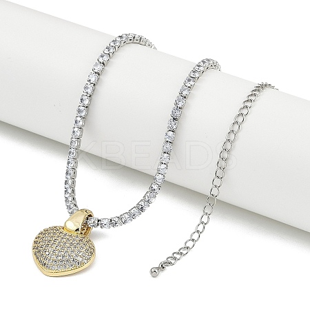 Brass Clear Cubic Zirconia Heart Pendant Strass Chain Necklaces for Women NJEW-U015-10GP-01-1