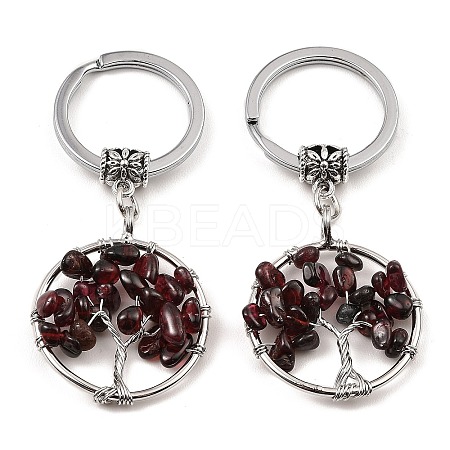 Natural Garnet Flat Round with Tree of Life Pendant Keychain KEYC-E023-03R-1