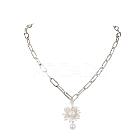 Flower Glass Seed Bead & Shell Pearl Pendant Necklaces NJEW-JN04740-1