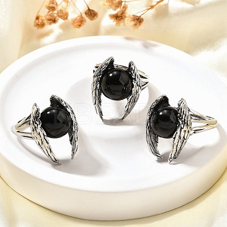 Natural Obsidian Wings Adjustable Rings RJEW-K241-04AS-09-1