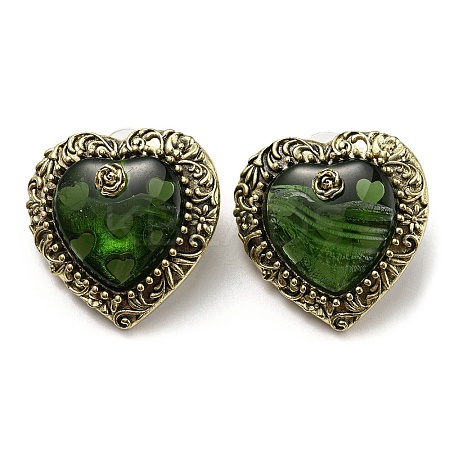 Glass Heart with Rose Stud Earrings LS-EJEW-F323-01AG-1