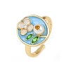 Brass Sky Blue Enamel Flower Cuff Rings RJEW-C139-17A-G-4