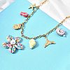 Printed Natural Cowrie Shell Colorful Flower & Ceramics Shell Shape Fish Pendant 304 Stainless Steel Chain Bib Necklaces for Women NJEW-A063-03G-5