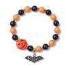 Halloween Theme Baking Paint Glass & Natural Black Onyx(Dyed & Heated) & Synthetic Turquoise Pumpkin Round Beaded Stretch Bracelets BJEW-MZ00188-01-2