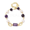 Natural Amethyst & Pearl Round Beads Link Bracelets for Women BJEW-Q039-01G-4