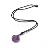 Natural Amethyst Flat Round with Flower of Life Pendant Necklace with Nylon Cord for Women NJEW-P274-02-02-2