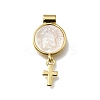 Brass Pave Natural White Shell Flat Round with Cross Pendants KK-C090-40G-07-1