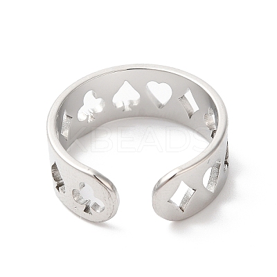 Non-Tarnish Spade & Club & Heart & Diamond 304 Stainless Steel Open Cuff Ring for Women RJEW-K245-47P-1