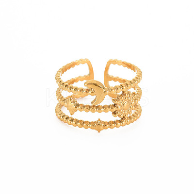 Ion Plating(IP) 304 Stainless Steel Sun and Moon Open Cuff Ring for Women RJEW-S405-152G-1