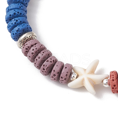 Flat Round Natural Lava Rock & Shell Pearl Beaded Stretch Bracelets for Women BJEW-JB12141-02-1