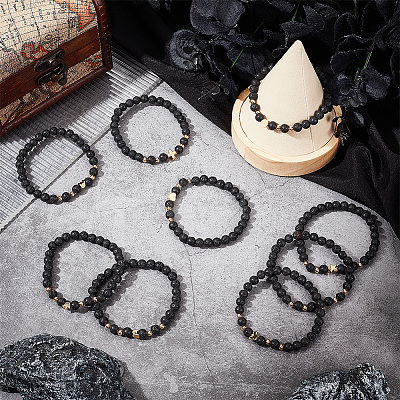 1 Set Bear & Cross & Moon & Crown & Heart & Butterfly Brass Beaded Stretch Bracelets Set BJEW-PH0004-22-1