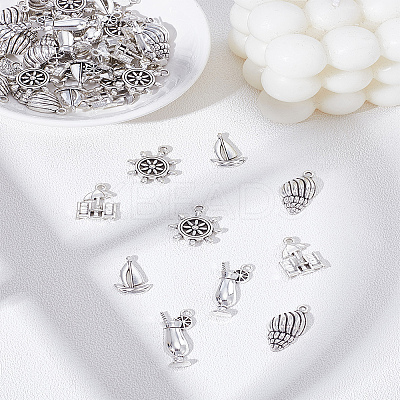 50Pcs 5 Styles Summer Beach Theme Tibetan Style Alloy Pendants FIND-LP0006-52-1