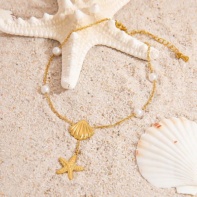 Summer Beach 304 Stainless Steel & White Round Plastic Pearl Charm Anklets FS-WG119D8-01-1