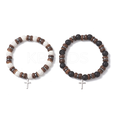 2Pcs Adjustable Natural Coconut & Lava Rock & Synthetic Lava Rock Beads Stretch Bracelets BJEW-JB13285-1