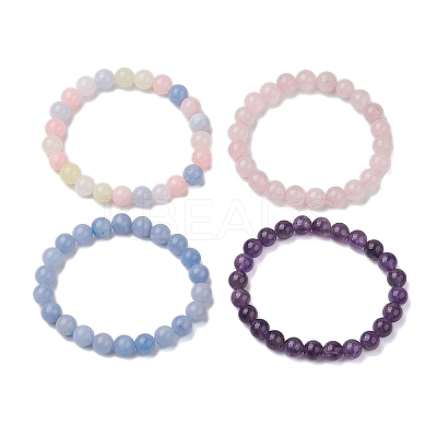 4Pcs Constellation 8mm Round Natural Amethyst & Rose Quartz & White Jade Imitation Aquamarine & White Jade Imitation Morganite Beaded Stretch Bracelets for Women BJEW-JB10633-1