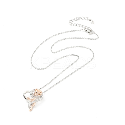 Clear Cubic Zirconia Heart with Rose Pendant Necklace NJEW-F293-01A-RG-1