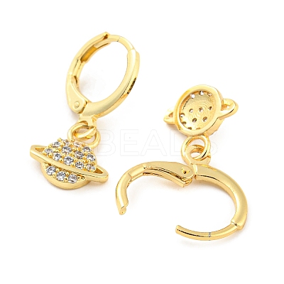 Planet Shape Rack Plating Brass Micro Pave Cubic Zirconia Dangle Leverback Earrings EJEW-P240-06G-1