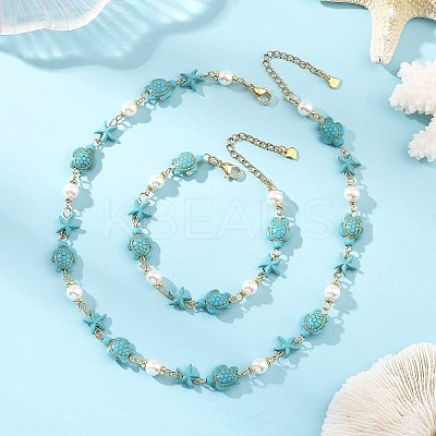 Starfish & Turtle Synthetic Turquoise Beaded Necklace & Bracelet Sets SJEW-JS01385-02-1