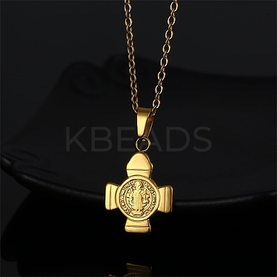 304 Stainless Steel Saint Benedict Cross Pendant Necklaces for Women NJEW-G187-03G-1