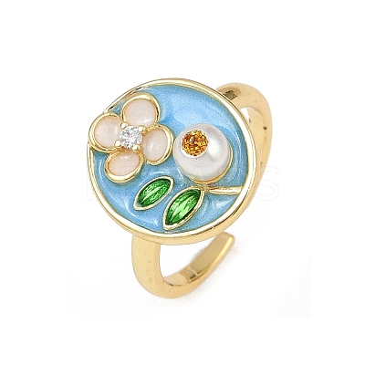 Brass Sky Blue Enamel Flower Cuff Rings RJEW-C139-17A-G-1