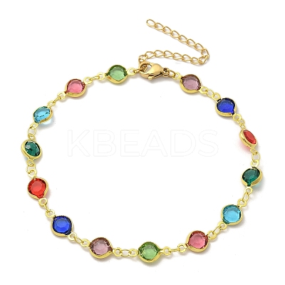 304 Stainless Steel Flat Round Acrylic Rhinestone Cup Chain Anklets for Women LS-AJEW-B031-02G-02-1