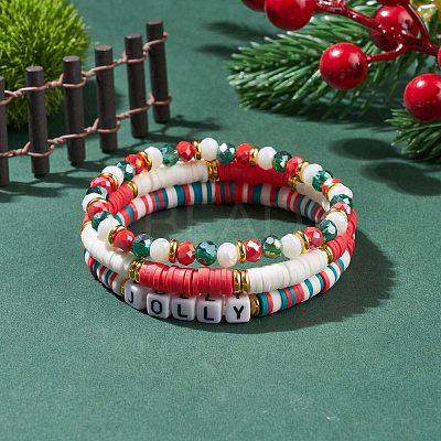 3Pcs 3 Style Polymer Clay Heishi Surfer Stretch Bracelets Set with Word Jolly Acrylic Beads BJEW-TA00129-1