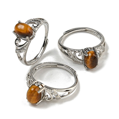 Oval Natural Tiger Eye Adjustable Rings RJEW-Q818-01P-10B-1