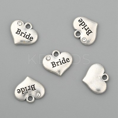 Wedding Theme Antique Silver Tone Tibetan Style Heart with Bride Rhinestone Charms X-TIBEP-N005-12E-1
