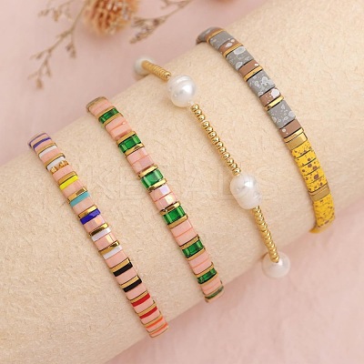 5Pcs Glass Seed Bead & Brass Beads Stretch Bracelets for Women GJ3337-1-1