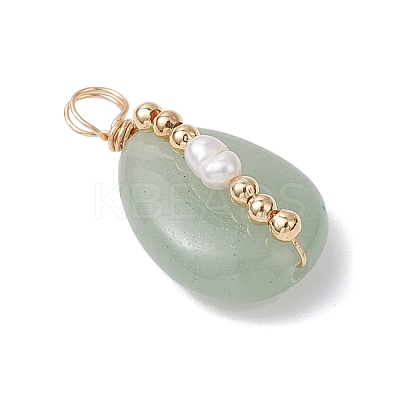 Copper Wire Wrapped Natural Green Aventurine & Natural Cultured Freshwater Pearl Beads Pendants PALLOY-JF03645-02-1