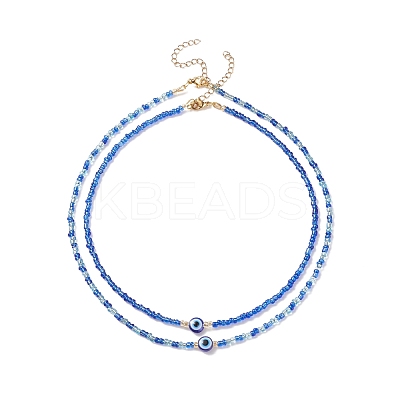 2Pcs 2 Style Resin Evil Eye & Glass Seed Beaded Necklaces Set for Women NJEW-JN03939-1