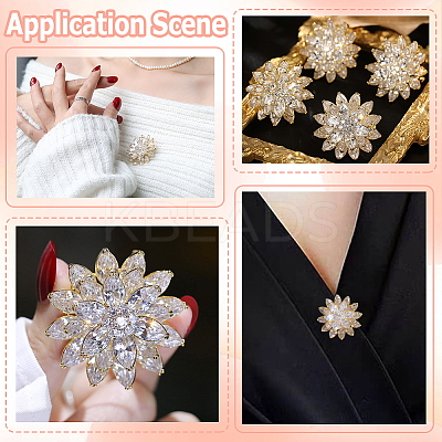 1Pc Flower Brass Pave Clear Cubic Zirconia Brooches JEWB-BBC0001-04-1