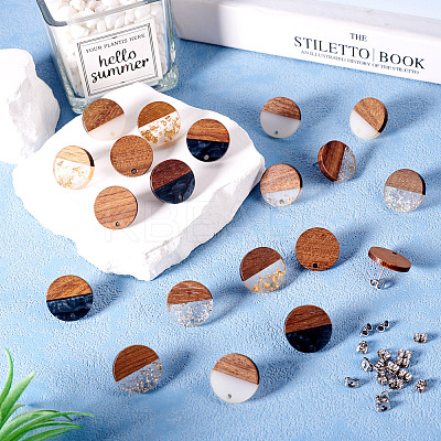 Opaque Resin & Walnut Wood Flat Round Stud Earrings MAK-TA0001-18C-1