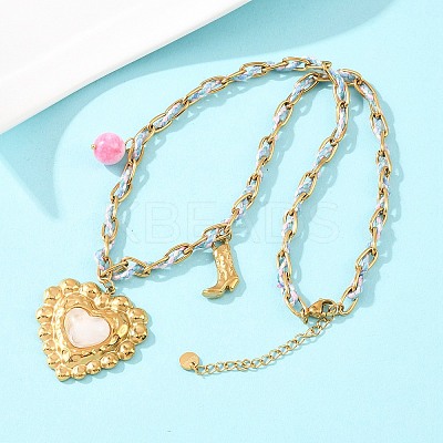304 Stainless Steel with Glass & Resin Heart Pendant Polyester Rope Necklaces for Women NJEW-K252-12G-1