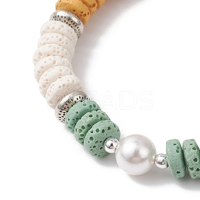 Flat Round Natural Lava Rock & Shell Pearl Beaded Stretch Bracelets for Women BJEW-JB12141-02-1