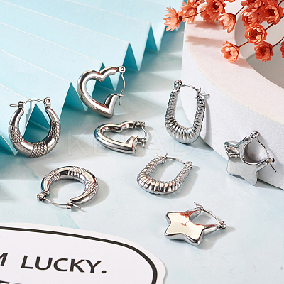 4 Pairs 4 Style Star & Rectangle & Heart & Croissant 304 Stainless Steel Hoop Earrings for Women EJEW-TA0001-17-1