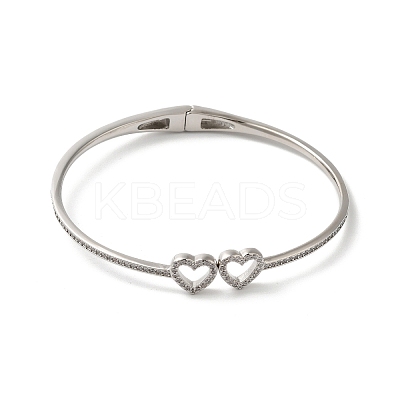 Rack Plating Brass Micro Pave Clear Cubic Zirconia Hollow Double Heart Hinged Bangles BJEW-H616-02P-1