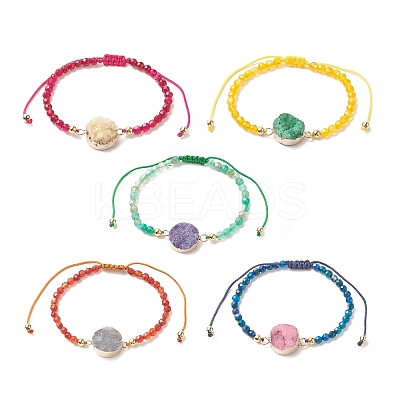 5Pcs 5 Color Dyed Natural Drusy Agate Flat Round Link Bracelets Set BJEW-JB09275-1