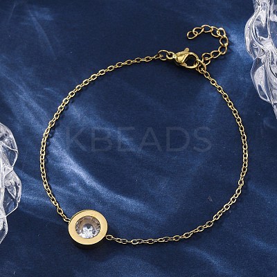 Flat Round 304 Stainless Steel Cubic Zirconia Pendant Necklaces & Bracelets & Stud Earrings Sets for Women SJEW-C004-19G-1