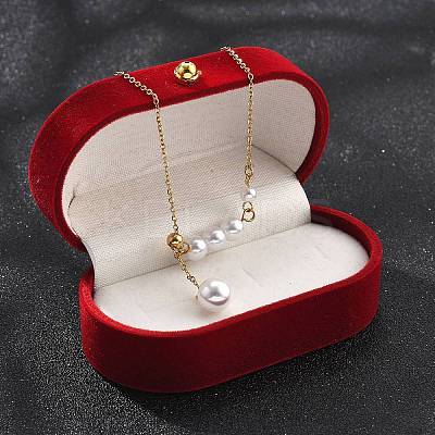 Ion Plating(IP) 304 Stainless Steel & White Plastic Pearl Round Pendant Lariat Necklaces for Women NJEW-P320-18G-1