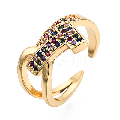 Cubic Zirconia Initial Letter T Open Cuff Ring RJEW-N037-041A-1