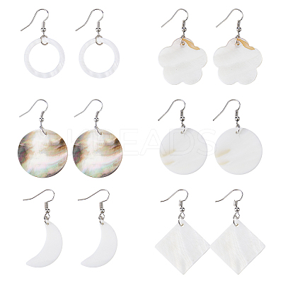 6 Pairs 6 Style Natural Shell Geometry Dangle Earrings EJEW-FI0001-79-1
