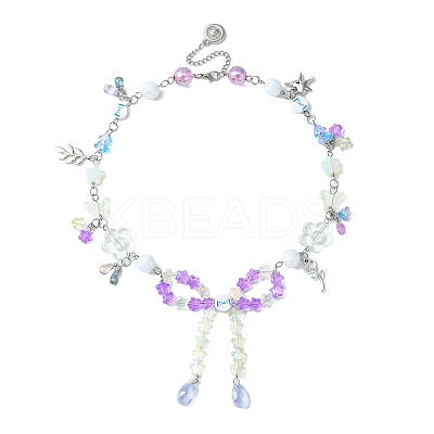 Alloy Leaf & Flower & Bowknot Pendant Necklace NJEW-FZ00007-1