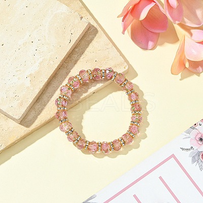 Faceted Rondelle Handmade Inner Flower Gold Sand Lampwork & Iron Beaded Stretch Bracelets for Women BJEW-SW001579-05-1