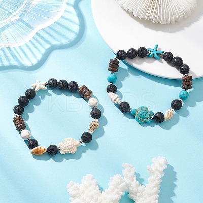 2Pcs Dyed Synthetic Turquoise & Natural & Lava Rock & Coconut & Sea Shell Beads Stretch Bracelets for Women BJEW-JB13198-1