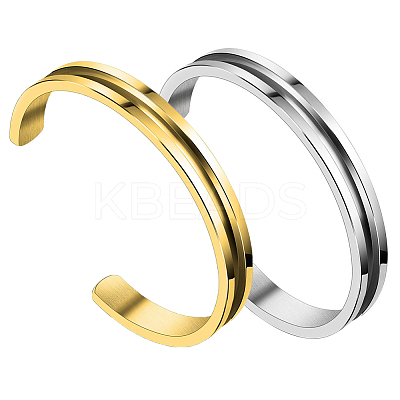 2Pcs 2 Colors 304 Stainless Steel Grooved Open Cuff Bangles Set for Women BJEW-SC0001-17-1